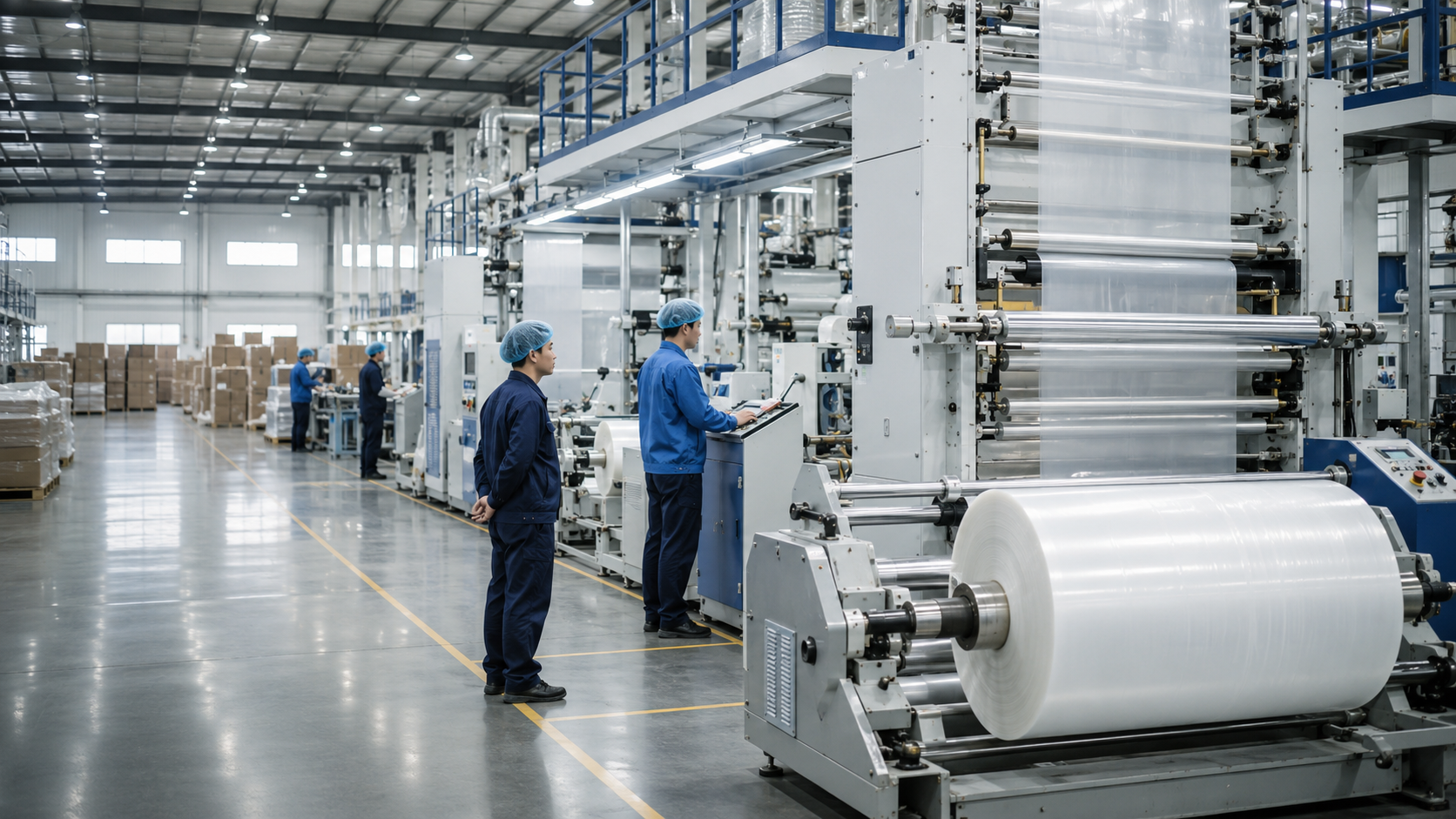 Modern plastic film and bag manufacturing facility with automated converting equipment