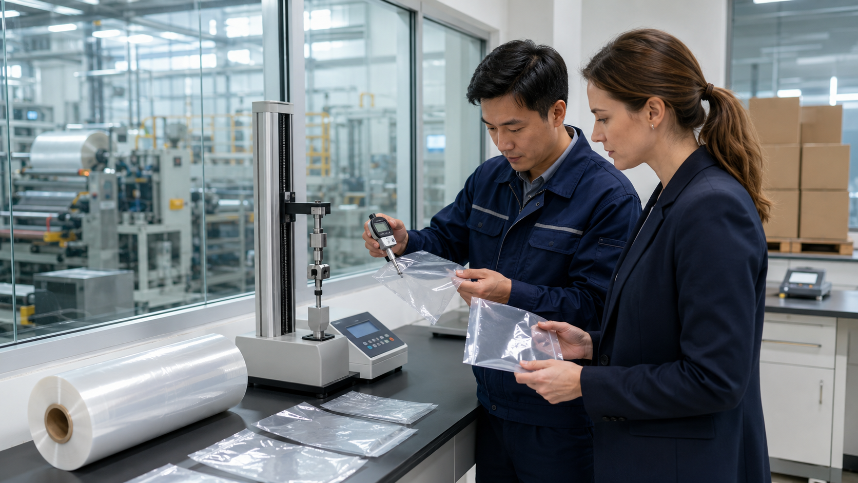 Packaging quality engineer and procurement professional reviewing PE bag specifications