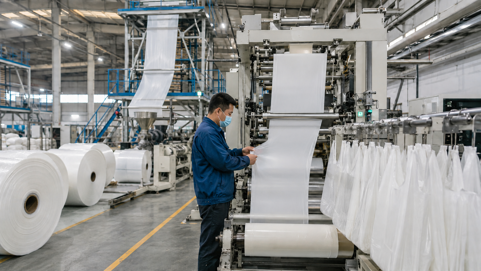 Illustrative plastic film extrusion and T-shirt bag converting line in a packaging factory
