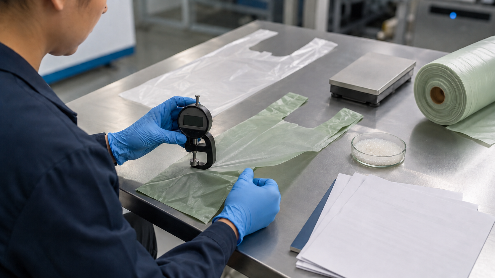 Illustrative quality inspection of an unbranded T-shirt bag sample with a thickness gauge