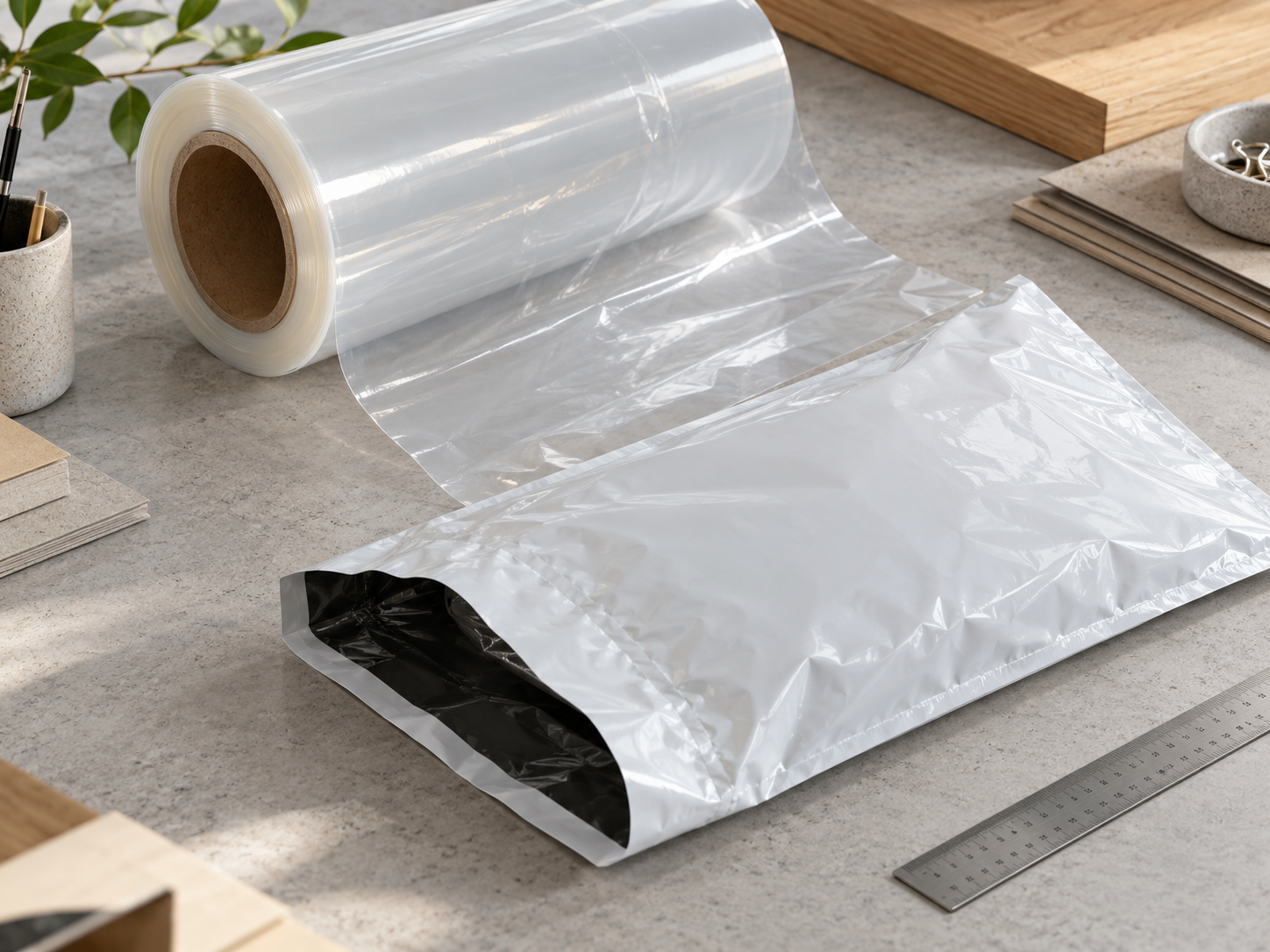 Polyethylene film roll beside a finished white shipping mailer and a ruler on a sample-review table.