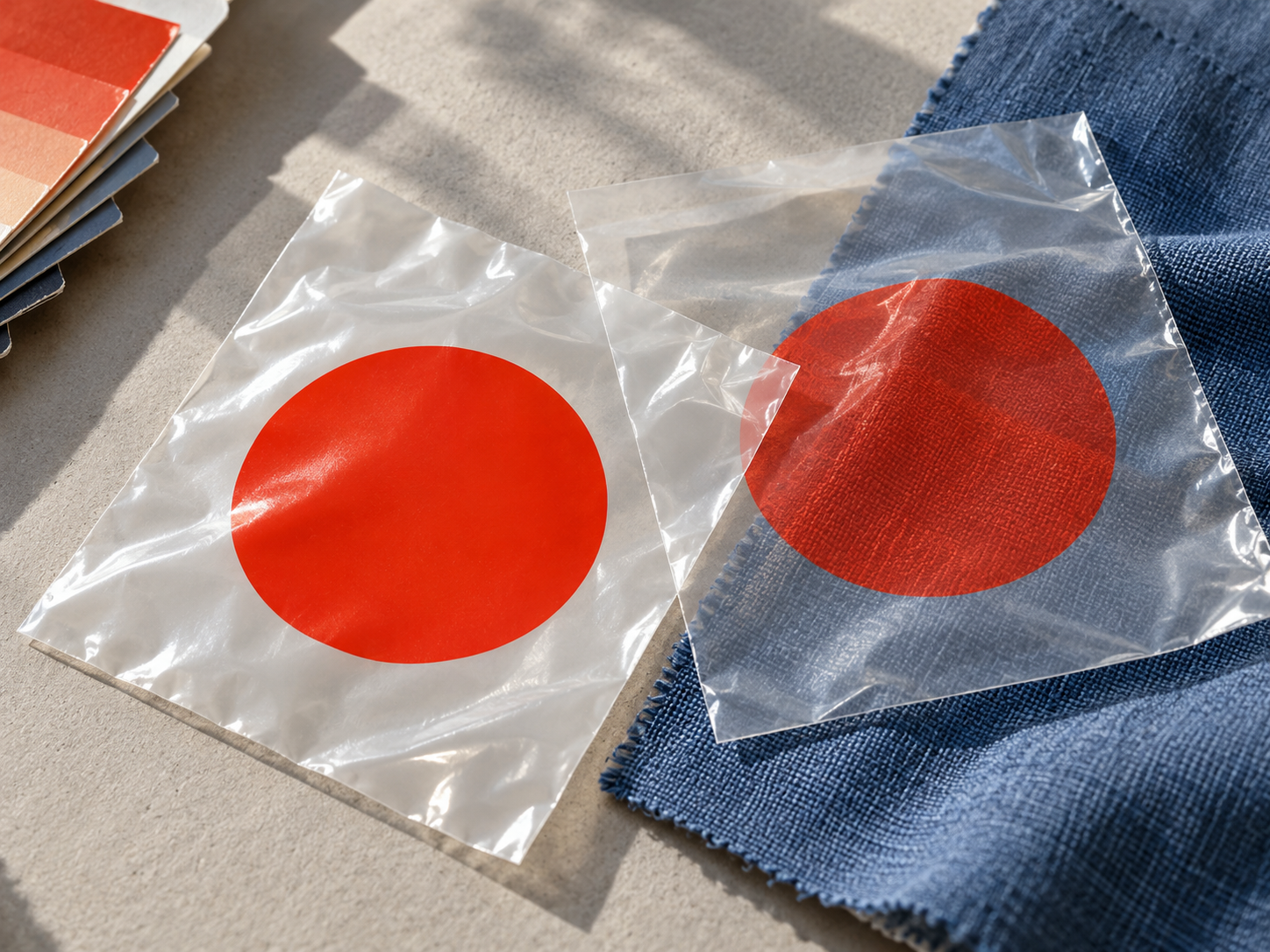 Two clear film samples with red circles show an opaque white backing beside a translucent print over blue fabric.