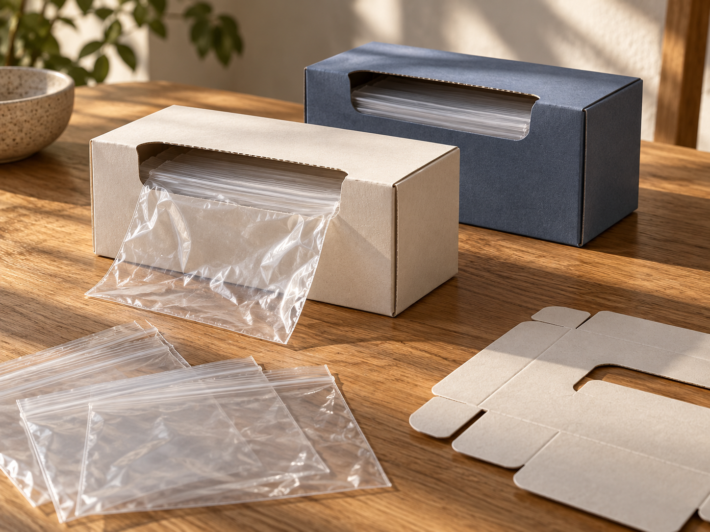 Unbranded dispensing cartons and transparent resealable food bags arranged beside a paperboard packaging sample.