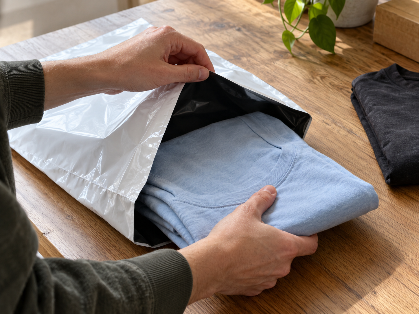 Hands placing a folded blue shirt inside an opaque poly mailer with a black interior.