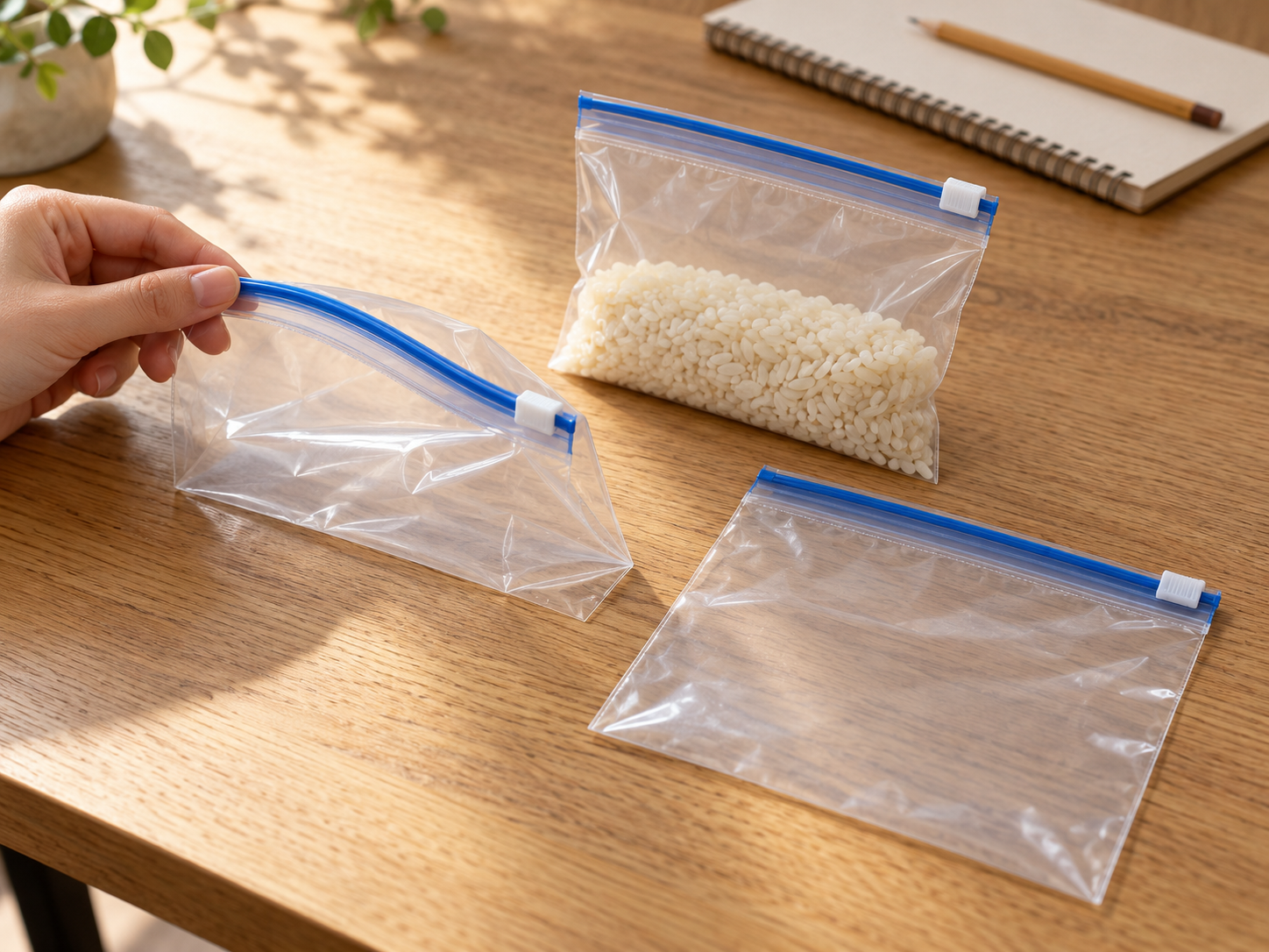 A hand holds an empty slider bag beside rice-filled and empty comparison samples on a wooden desk.