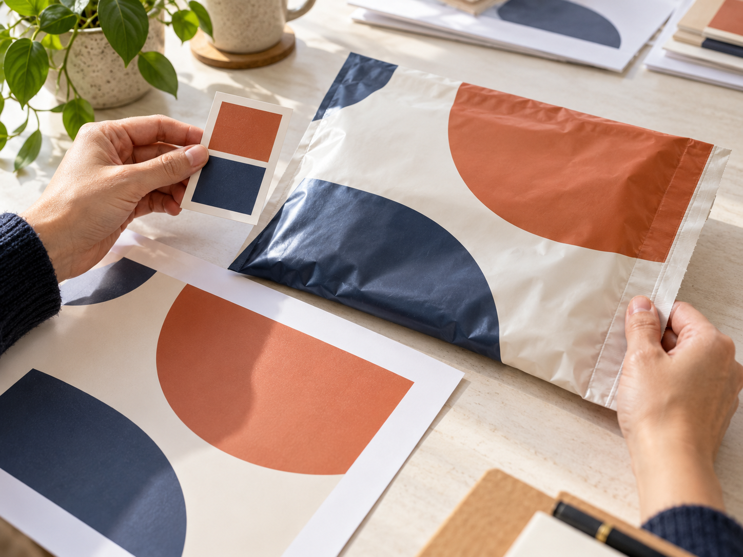Hands compare a printed plastic mailer with a color swatch and artwork proof before production approval.