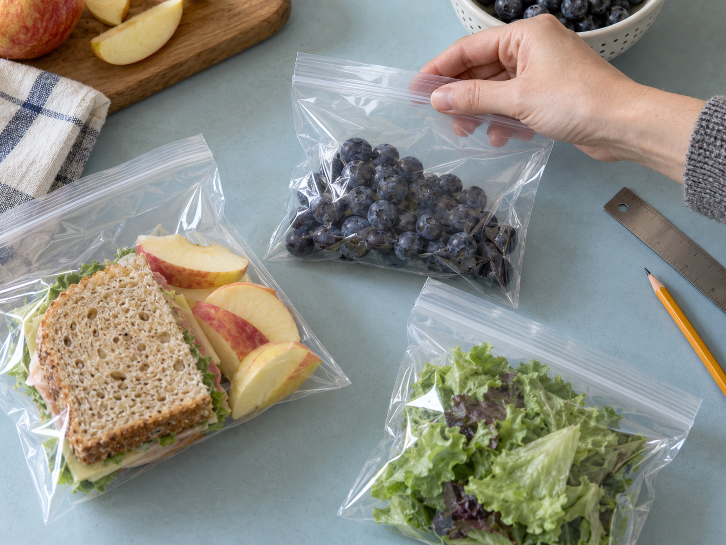 Filled sandwich, berry and lettuce storage bag samples on a counter, with a hand checking the berry bag near its closure.