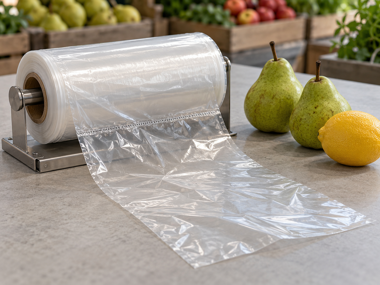 Roll of clear produce bags on a metal dispenser beside two pears and a lemon.