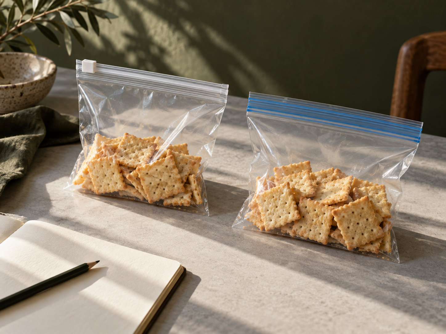 Two similarly filled food storage bag samples with slider and press-to-close closures beside a blank notebook and pencil.